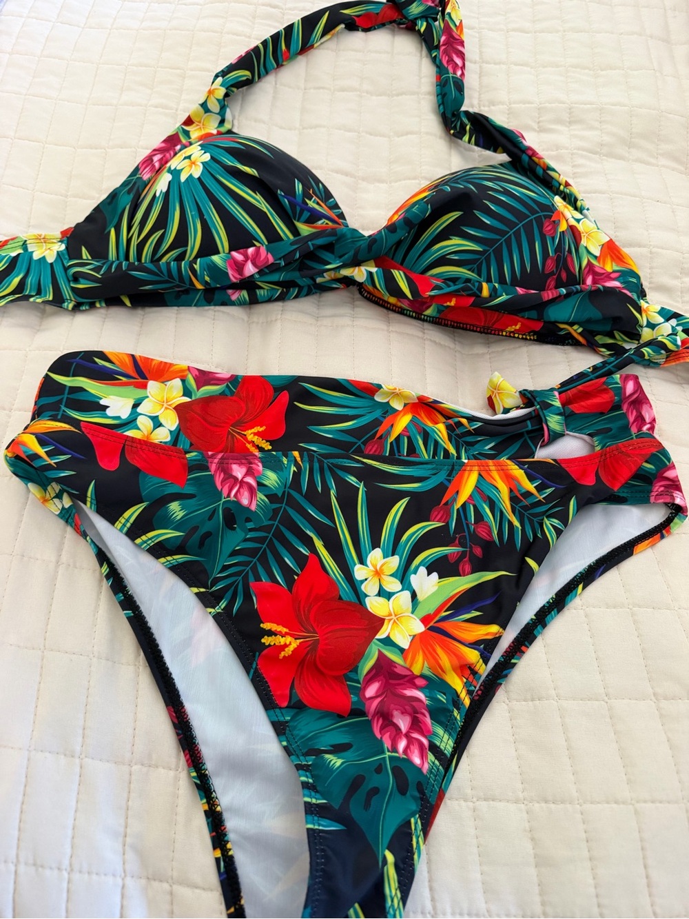 SHEIN Tropical Floral Bikini Set in Black, Red, Green, Yellow